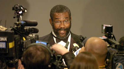Former Steeler Joe Greene (No. 75), celebration chairman, talks with the media at the Steelers 75th Season Gala at the David L. Lawrence Convention Center.
