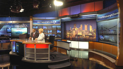 Anchors Andrew Stockey and Kelly Frey rehearse at WTAE's new anchor desk.