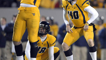 West Virginia kicker Pat McAfee and Mark Magro (53) react after McAfee misses his second field goal of the first half against Pitt.
 (at Morgantown 12/02/2007)