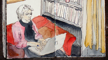 A self-portrait of Elizabeth Perry, of Friendship, who posts sketches of her daily life on her blog, at www.elizabethperry.com.