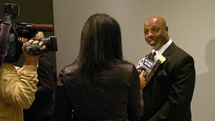 Former Steeler Donnie Shell talks to the media at the Steelers 75th Season Gala at the David L. Lawrence Convention Center.