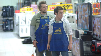  Bret Harrison, right, and Tyler Labine don Work Bench aprons in "Reaper."