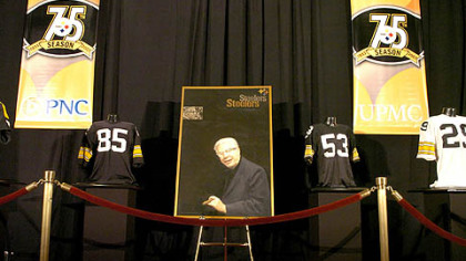 Art Rooney Sr.'s portrait is displayed at the Steelers 75th Season Gala at the David L. Lawrence Convention Center.