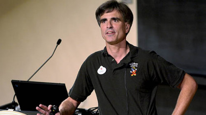 Randy Pausch talks to the standing room only crowd at CMU's McConomy auditorium yesterday.