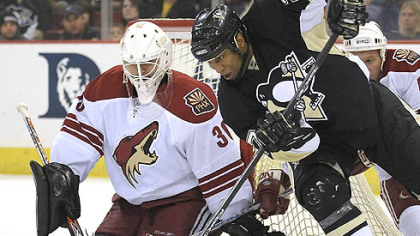 Georges Laraque takes shot on Coyotes goalie Ilya Bryzgalov in the first period. (vs. Coyotes 12/2/2007)
