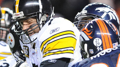 Roethlisberger is sacked in the second quarter by the Broncos.