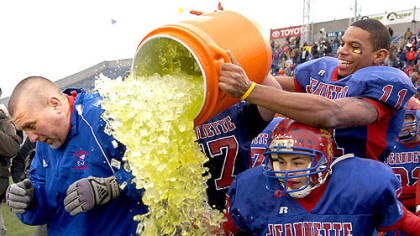 A ceremonial victory shower for Jeannette coach Ray Reitz.