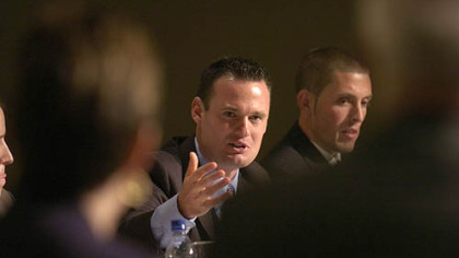 Mayor Luke Ravenstahl meets the Post-Gazette's editorial panel. At right is Ryan Scott, candidate for the Socialist Workers Party.
