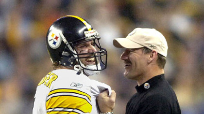 Roethlisberger shares a moment with coach Bill Cowher in the closing seconds of Super Bowl XL.