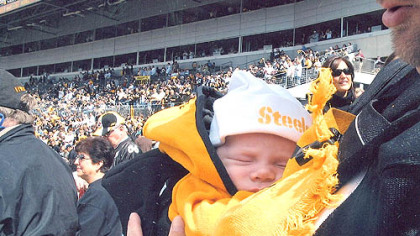 At age 2 months, Tr&eacute; Rivers Kemerer, of Lancaster, Ohio, attends his first Steelers game on Sept. 16 at Heinz Field, close to where his namesake, Three Rivers Stadium, once stood.