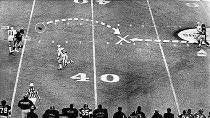 The Immaculate Reception as it ran in the Dec. 24, 1972, Pittsburgh Press. Jack Tatum and Frenchy Fuqua collide, the ball caroms back, and Franco Harris, far right, swoops in for history.