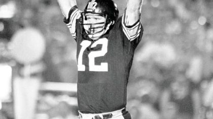 Steelers quarterback Terry Bradshaw throws up both his arms and indicates his team is No. 1 after the Steelers won their fourth Super Bowl over the Los Angeles Rams, in Pasadena, Calif., in 1980.