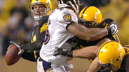Quarterback Ben Roethlisberger celebrates his second touchdown against the Ravens in the first quarter.(vs. Ravens 11/05/07)