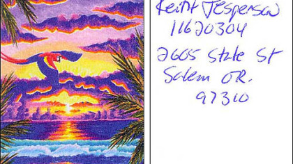 Front and back of artwork by serial killer Keith Jesperson, sent to Duquesne University students. Mr. Jesperson hoped the students would purchase artwork from him.