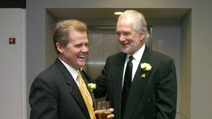 Former Steeler Gary Anderson talks with Steeler Jack Hamm at the Steelers 75th Season Gala at the David L. Lawrence Convention Center.