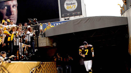 Steelers quarterback Ben Roethlisberger runs out of the tunnel at Heinz Field.