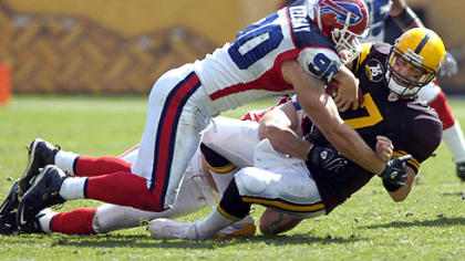 Roethlisberger is sacked by Bills' Chris Kelsay in the fourth quarter.