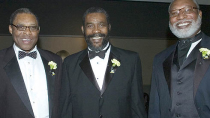 Former Steelers Dwight White, Joe Green, and L.C. Greenwood at the Steelers 75th Season Gala at the David L. Lawrence Convention Center.