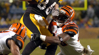 Wide receiver Hines Ward pulls in a pass as he's taken down by Bengals free safety Madieu Williams. (vs. Bengals 12/02/2007)