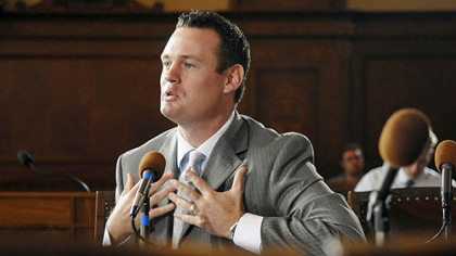Mayor Luke Ravenstahl answers questions from the Ethics Hearing Board at City Council Chambers yesterday.