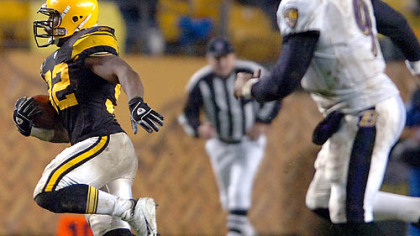 Linebacker James Harrison intercepts a pass from  Ravens quarterback Steve McNair and carries the ball to Baltimore's 44 yard line for a 20 yard gain.(vs. Ravens 11/05/07)