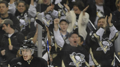 Evgeni Malkin celebrates after scoring in the second period against the Bruins at the Mellon Arena. (12/23/2007)