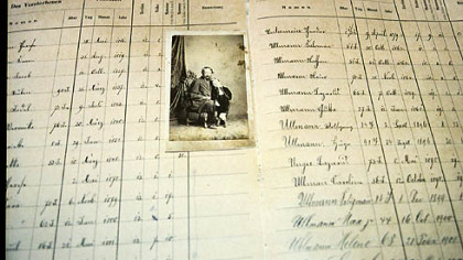 Nathan Ullmann, the author's great-great grandfather, and his son Adolph, my great-grandfather, who emigrated to America. Nathan died in 1863 and is buried in Munich''s old Jewish cemetery. The date of his death, his age and the location of his burial plot are noted on the right hand page of the cemetery''s record book (third listing from the top).