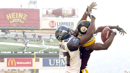 Ike Taylor breaks up a pass intended for the Seahawks' Ben Obomanu in the second quarter yesterday at Heinz Field.