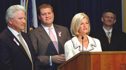 From left, donor Ben Statler, WVU President Mike Garrison, Jo Statler and  Cancer Center Director Scot Remick in October.