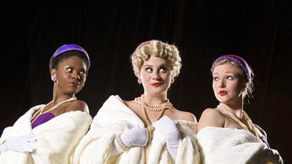 Hot Box Girls Victoria Ward, left, and Steffi Garard, right, bracket Emily Rossell's Adelaide in CMU's "Guys and Dolls."