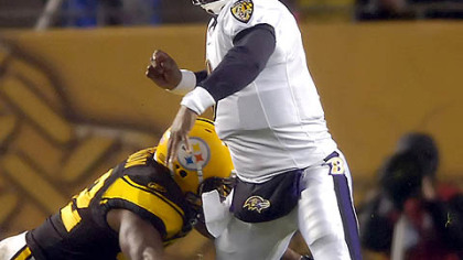 Linebacker James Harrison sacks Ravens quarterback Steve McNair forcing a fumble which Harrison recovered in first quarter.(vs. Ravens 11/05/07)