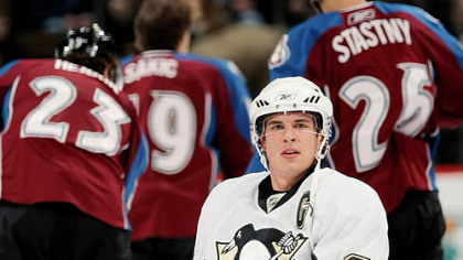 The Penguins' Sidney Crosby Pittsburgh Penguins warms up prior to facing the Colorado Avalanche at the Pepsi Center in Denver last night.