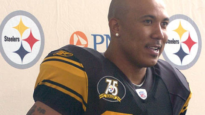 Receiver Hines Ward models the Steelers 75th-anniversary uniform.