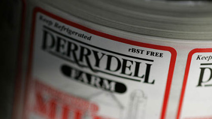 A milk label with "rBST FREE" in the upper right corner is seen at Perrydell Dairy Farm in York, Pa.