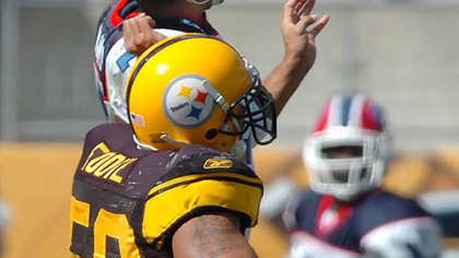 Steelers linebacker Larry Foote causes Buffalos' Losman to fumble in the 4th quarter.
