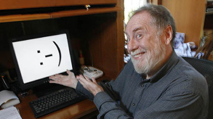 Scott E. Fahlman, in his home office yesterday, first used a horizontal "smiley face" in a computer message.