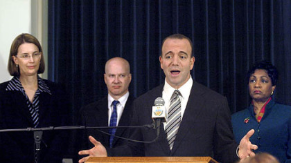 Allegheny County Chief Executive Dan Onorato talks with reporters yesterday during a press conference about the final phrase of the row office consolidation and announced the appointments of, from left, Kate Barkman for director of court records; Eric Fedor, deputy director of court records; and Valerie McDonald Roberts as manager of real estate.