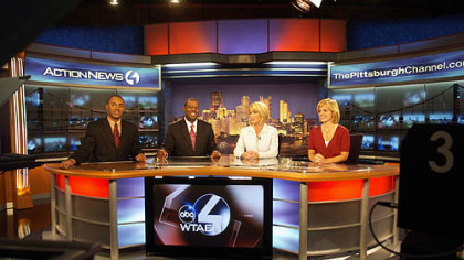 WTAE's morning news team -- meteorologist Demetrius Ivory, anchors Andrew Stockey and Kelly Frey and traffic reporter Melanie Taylor -- rehearse on the station's new set at the Channel 4 studio in Wilkinsburg yesterday.