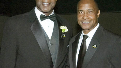 Former Steelers Bennie Cunningham and Lynn Swann at the Steelers 75th Season Gala at the David L. Lawrence Convention Center.