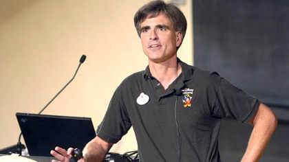 Randy Pausch talks to the standing room only crowd at CMU's McConomy auditorium in his final lecture at the school on September 18, 2007.