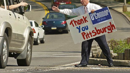Bob O'Connor stood at the intersection of Panther Hollow Road and Greenfield Avenue and thanked supporters, one day after winning the Democratic nomination for Pittsburgh Mayor in May, 2005.