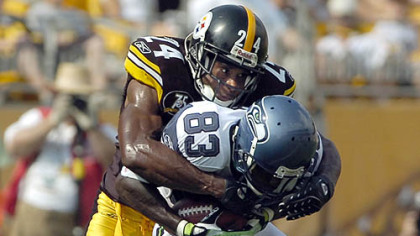 Ike Taylor takes down  Seahawks receiver Deion Branch in the first quarter yesterday.