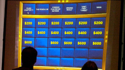 Contestants play a sample round during the "Jeopardy" tryouts yesterday at the Westin Convention Center hotel.