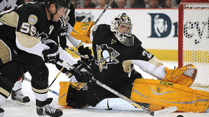 Fleury makes a save against the Devils.